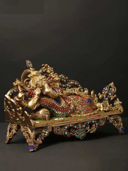 Brassaura™ Reclining Ganesha on Ornate Couch with Meenakari Inlay | Height 9 Inches & Weight 6.55 kgs