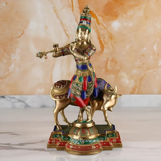 Brassaura® Premium Brass Lord Krishna Playing Flute with Sacred Cow Idol | Handcrafted Stone Inlay Brass Murti for Home Temple & Luxury Décor | Height 26.5 Inches | Weight 26.7 Kg