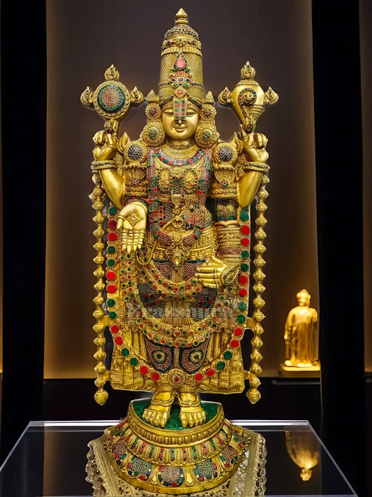 Brassaura™ Pure Brass Tirupati Balaji Idol with Stonework – 48 Inches, 49 Kgs
