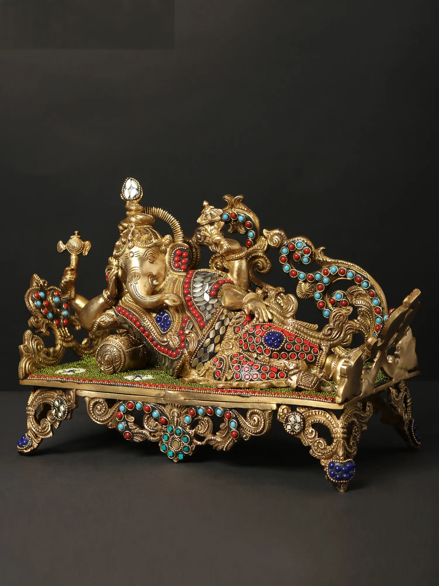 Brassaura™ Reclining Ganesha on Ornate Couch with Meenakari Inlay | Height 9 Inches & Weight 6.55 kgs