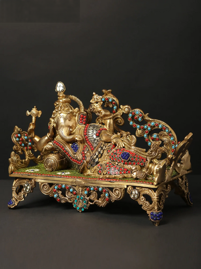 Brassaura™ Reclining Ganesha on Ornate Couch with Meenakari Inlay | Height 9 Inches & Weight 6.55 kgs