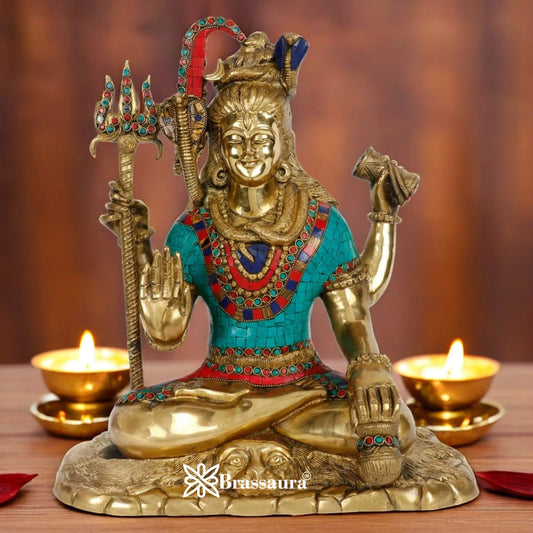 Brassaura™ Handcrafted Gemstone Brass Shiva Idol – Height 15 Inches & Weight 12.2 Kgs | Home & Temple Accent