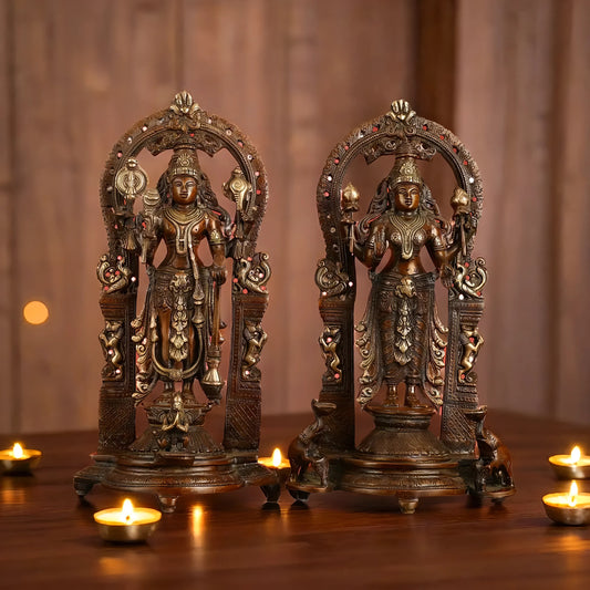 Brassaura™ 16-Inch Superfine Brass Vishnu & Lakshmi Idol Pair – 12kg – Antique Bronze Finish with Garuda & Elephants for Home Temple Décor