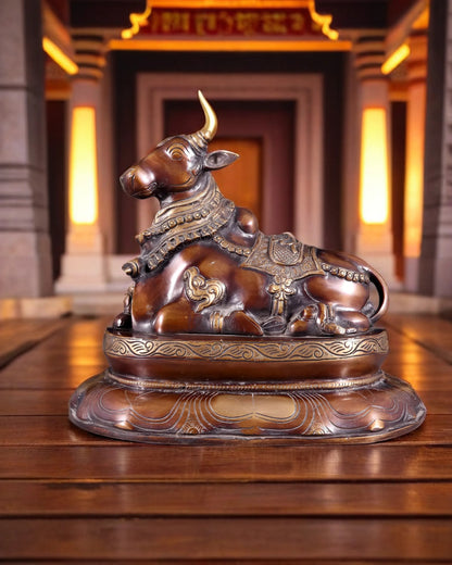 Brassaura™ Pure Brass Nandi/Nandikeshwar Idol – Height 10" & Weight 7.5 Kgs | Seated on Engraved Base