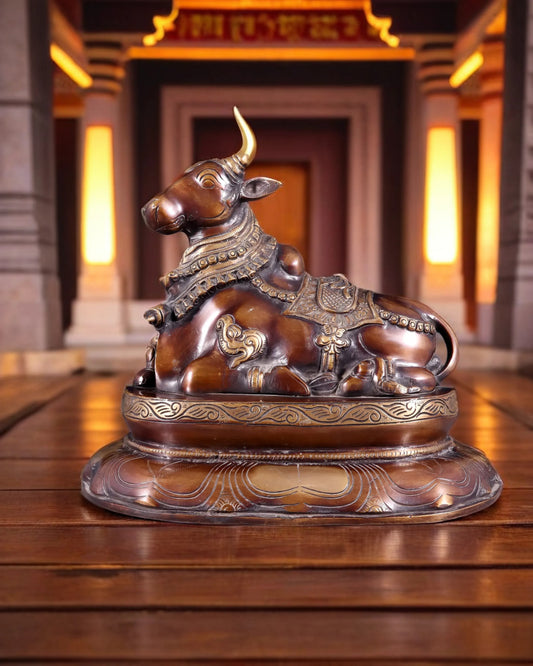 Brassaura™ Pure Brass Nandi/Nandikeshwar Idol – Height 10" & Weight 7.5 Kgs | Seated on Engraved Base