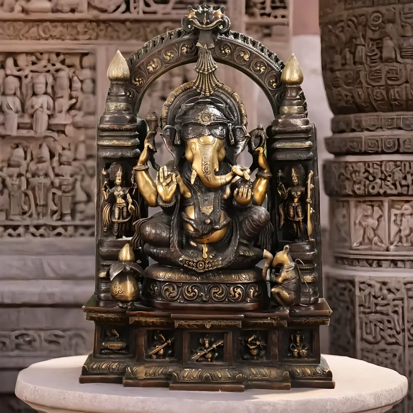 Brassaura™ Handcrafted Brass Temple Ganesha Sculpture | Divine Trio with Musical Ganeshas | Height 33 Inches & Weight 70 Kgs