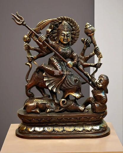 Brassaura™ Brass Goddess Durga as Mahishasura Mardini Idol – 8kg, 13.5-Inch – Fierce & Protective Divine Energy in Pure Brass