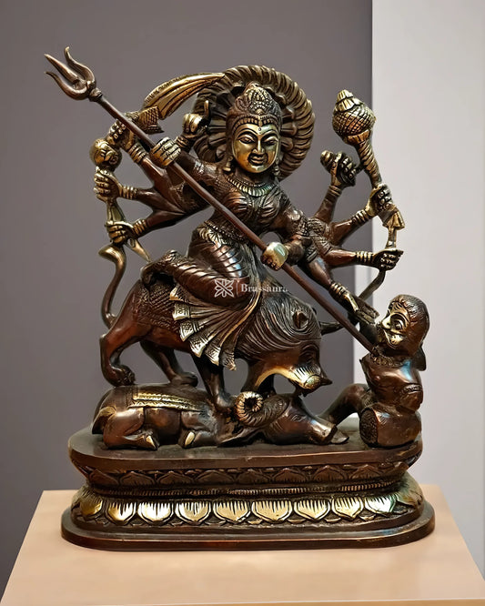 Brassaura™ Brass Goddess Durga as Mahishasura Mardini Idol – 8kg, 13.5-Inch – Fierce & Protective Divine Energy in Pure Brass