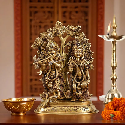 Brassaura™ Superfine Brass Radha Krishna Idols with Kalpavriksha & Peacock – Height 14 Inches & Weight 7.59 Kgs | Devotional Pair