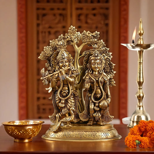 Brassaura™ Superfine Brass Radha Krishna Idols with Kalpavriksha & Peacock – Height 14 Inches & Weight 7.59 Kgs | Devotional Pair