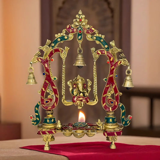 Brassaura™ Brass Gem Stone Work Ganesha Jhula Murti – Height 13.8 inches & Weight 2.8 kgs | Ganpati Swing Statue for Home & Pooja Room