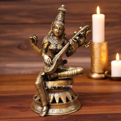 Brassaura™ Brass Saraswati Murti – Height 12.2 Inches & Weight 4.7 Kgs | Puja Room Idol