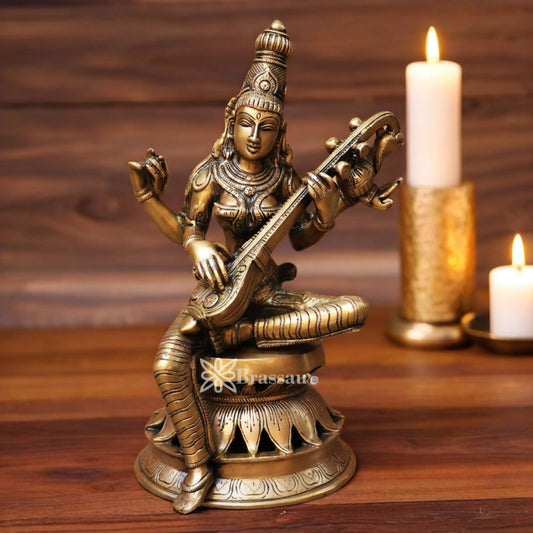 Brassaura™ Brass Saraswati Murti – Height 12.2 Inches & Weight 4.7 Kgs | Puja Room Idol