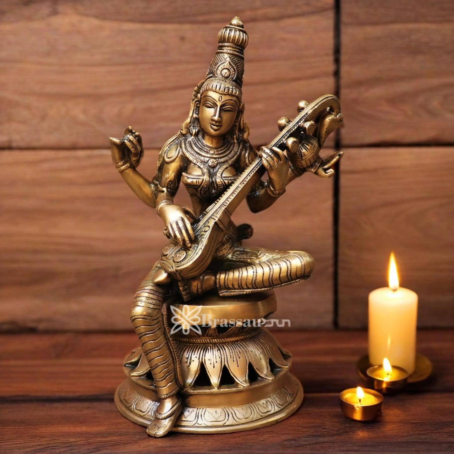 Brassaura™ Brass Saraswati Murti – Height 12.2 Inches & Weight 4.7 Kgs | Puja Room Idol