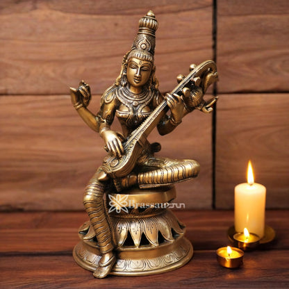 Brassaura™ Brass Saraswati Murti – Height 12.2 Inches & Weight 4.7 Kgs | Puja Room Idol