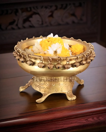 Brassaura™ Small Brass Urli Bowl on Tortoise Base – 2.5 kgs, 5 Inches Height – Vastu & Feng Shui Decor in Matte Gold Finish