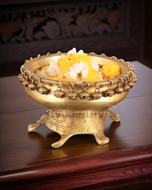 Brassaura™ Small Brass Urli Bowl on Tortoise Base – 2.5 kgs, 5 Inches Height – Vastu & Feng Shui Decor in Matte Gold Finish