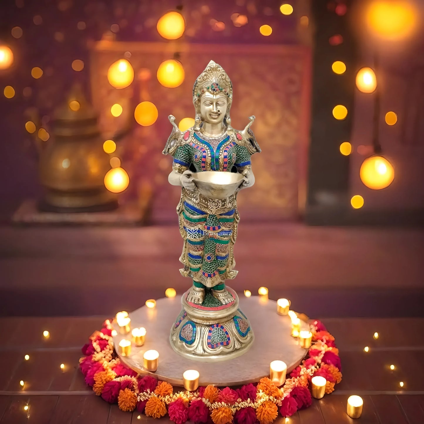Brassaura™ Superfine Brass Lakshmi Deepam Lamp with Natural Stone Inlay | 30 Inches Height | 17 Kgs Weight | Traditional Decor & Gifting