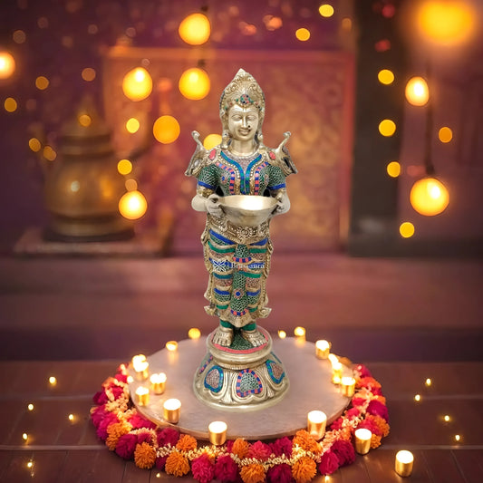 Brassaura™ Superfine Brass Lakshmi Deepam Lamp with Natural Stone Inlay | 30 Inches Height | 17 Kgs Weight | Traditional Decor & Gifting