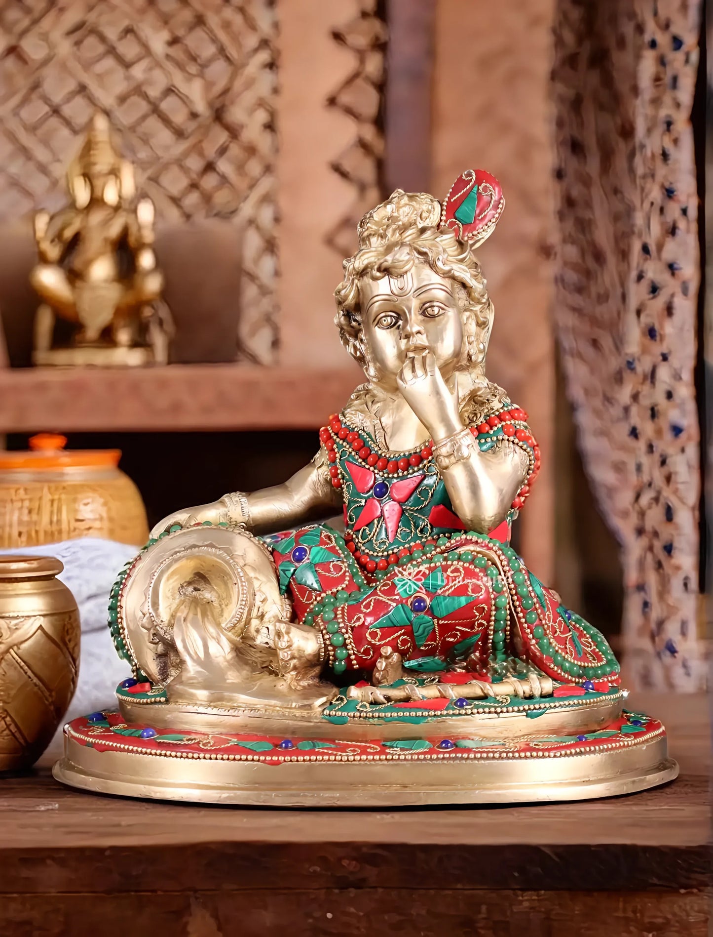 Brassaura™ Pure Brass Baby Krishna Makhan Chor Idol with Meenakari Stonework – Height 8 Inches & Weight 3.5 Kgs