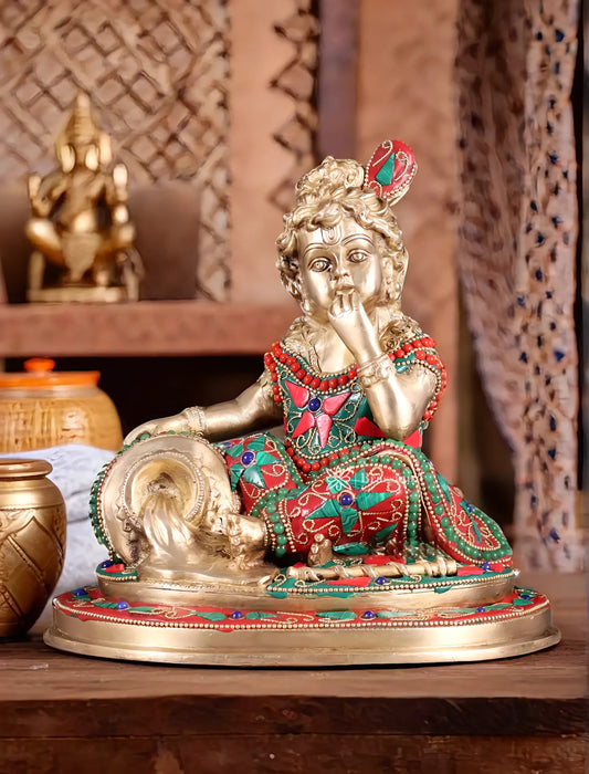 Brassaura™ Pure Brass Baby Krishna Makhan Chor Idol with Meenakari Stonework – Height 8 Inches & Weight 3.5 Kgs