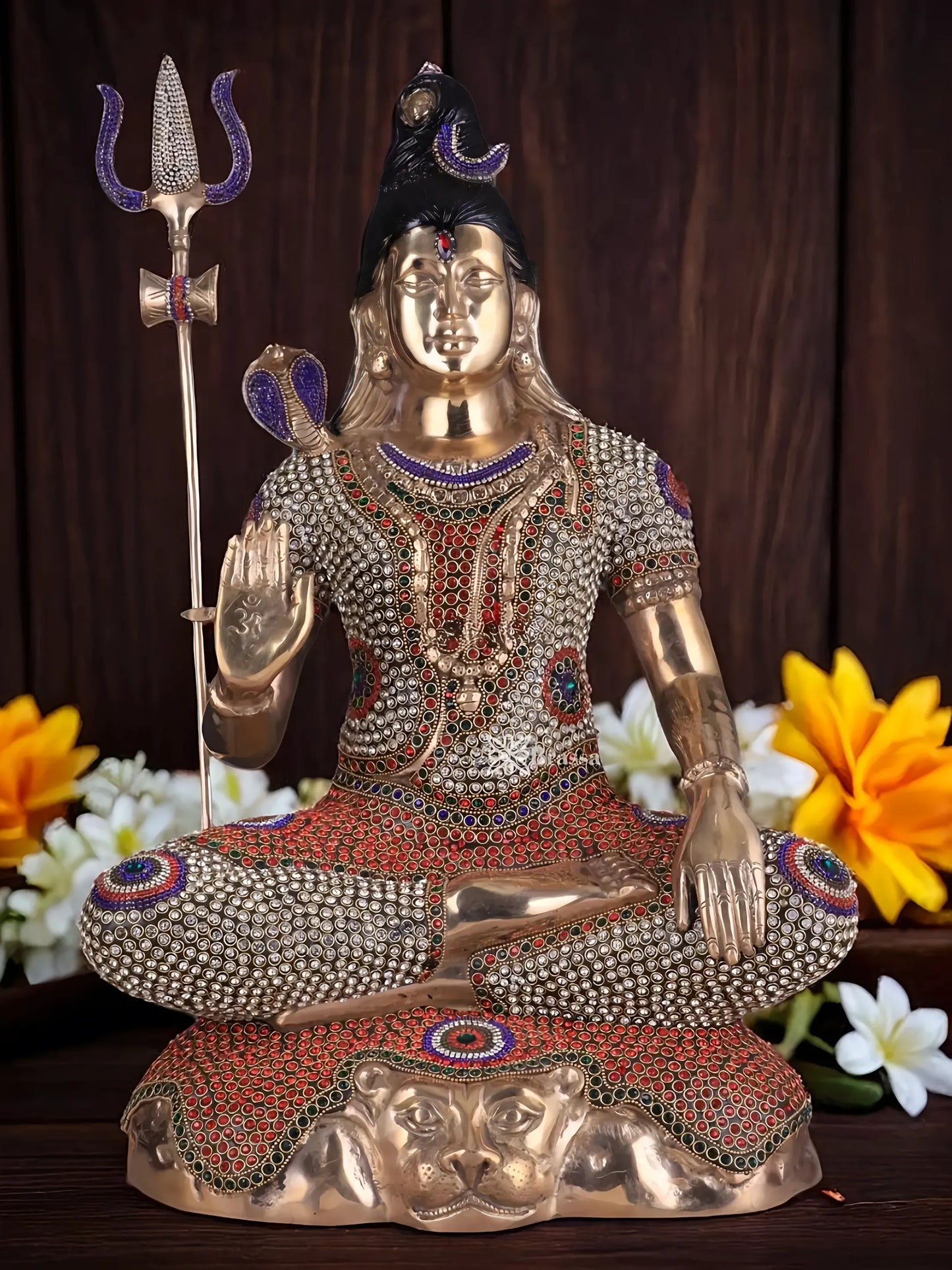 Brassaura™ Brass Gem Stone Work Shiva Idol – Height 23 Inches & Weight 18 Kgs | Traditional Pooja Décor