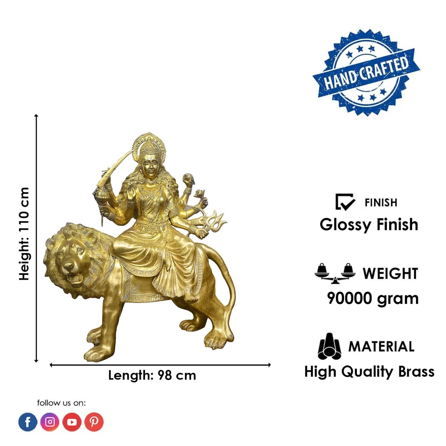Brassaura® Brass Durga Riding Lion Statue | Height 43 Inches