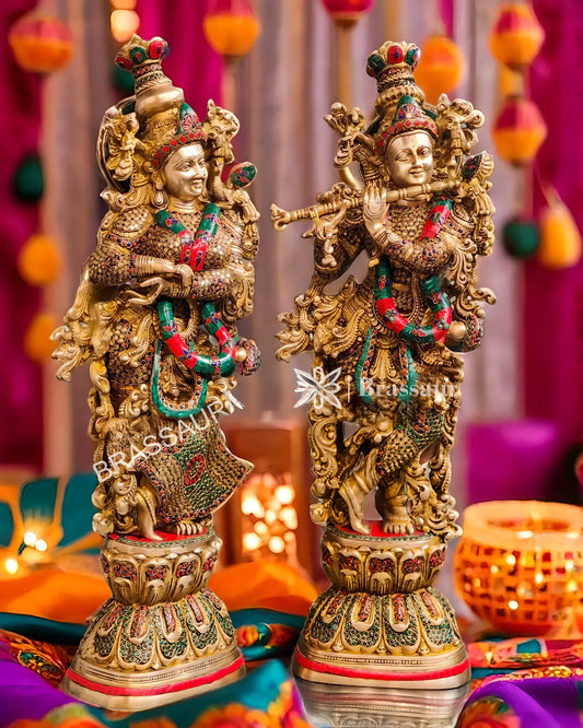 Brassaura™ Handcrafted Brass Radha Krishna Idol Pair with Double-Layered Meenakari – Height 29 & 28 Inches & Weight 33 Kgs | Elegant Devotional Statue