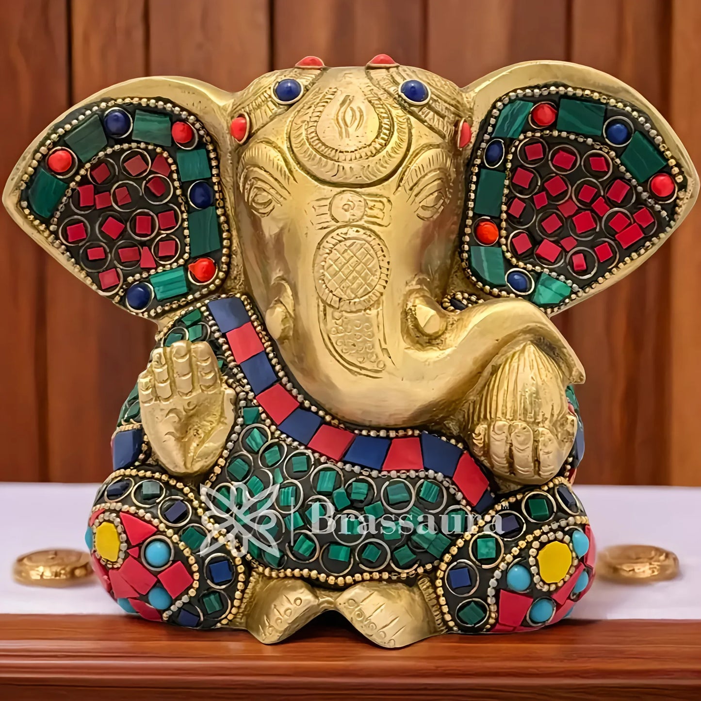 Brassaura™ Brass Gem Stone Work Ganesha Idol for Home and Decor | Weight 1.6 Kgs | Height 4.7 Inches