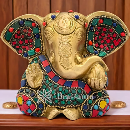 Brassaura™ Brass Gem Stone Work Ganesha Idol for Home and Decor | Weight 1.6 Kgs | Height 4.7 Inches