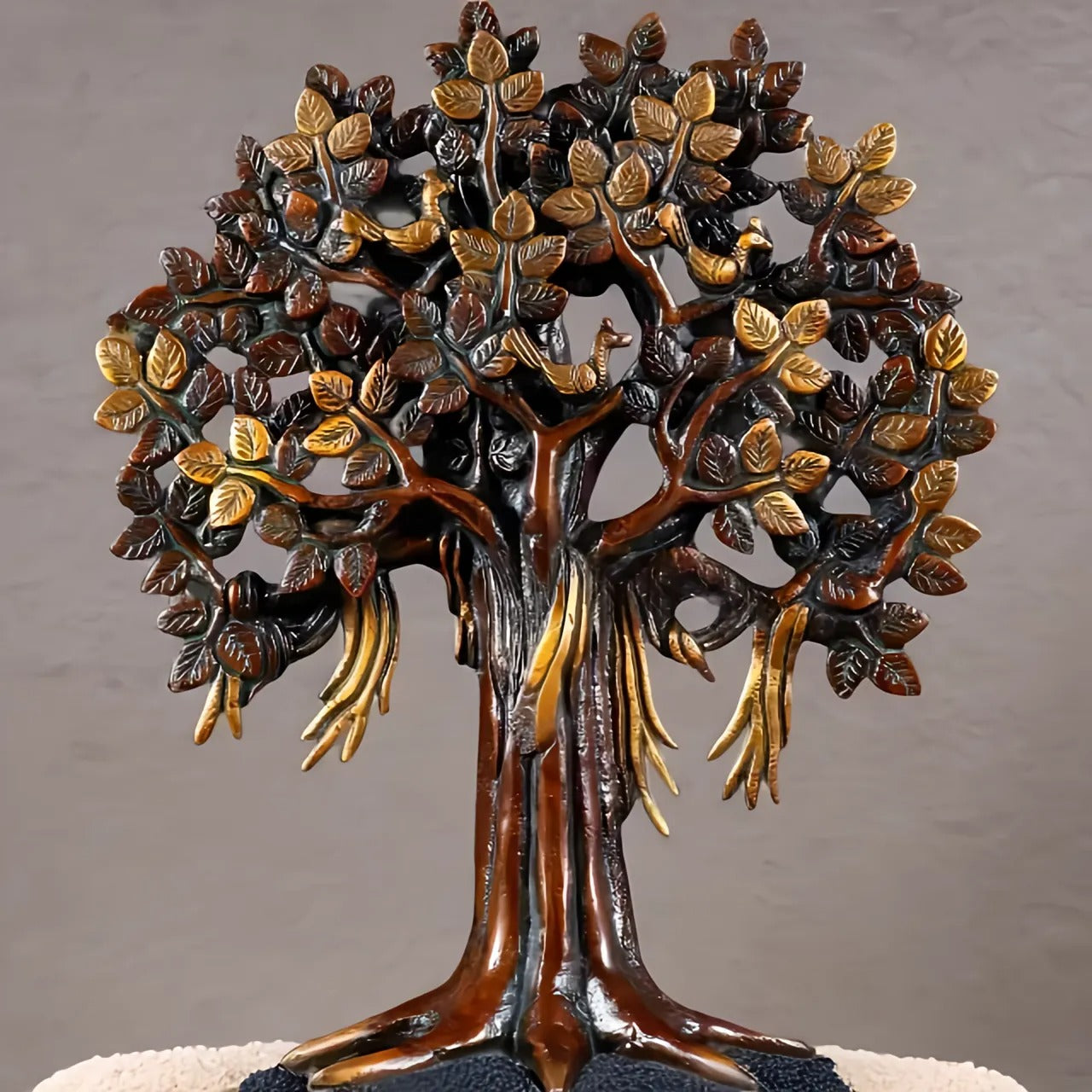 Brassaura™ Pure Brass Handcrafted Kalpavriksha Tree | Tabletop Tree of Life Showpiece | Weight 1.8 Kgs | Height 11 Inches