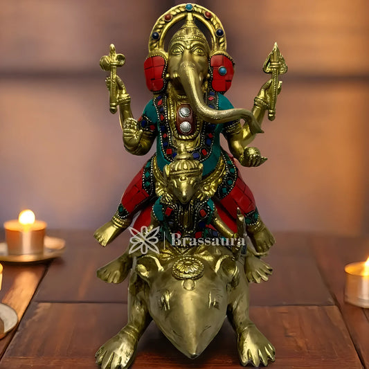 Brassaura™ Brass Gem Stone Work Ganesha with Mouse Idol – Height 8.3 inches & Weight 3.85 kgs | Ganpati Murti for Pooja & Home Décor
