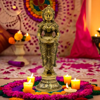 Brassaura™ Brass Deep Laxmi Idol – Height 11.2 Inches & Weight 1.7 Kgs | Home & Puja Décor