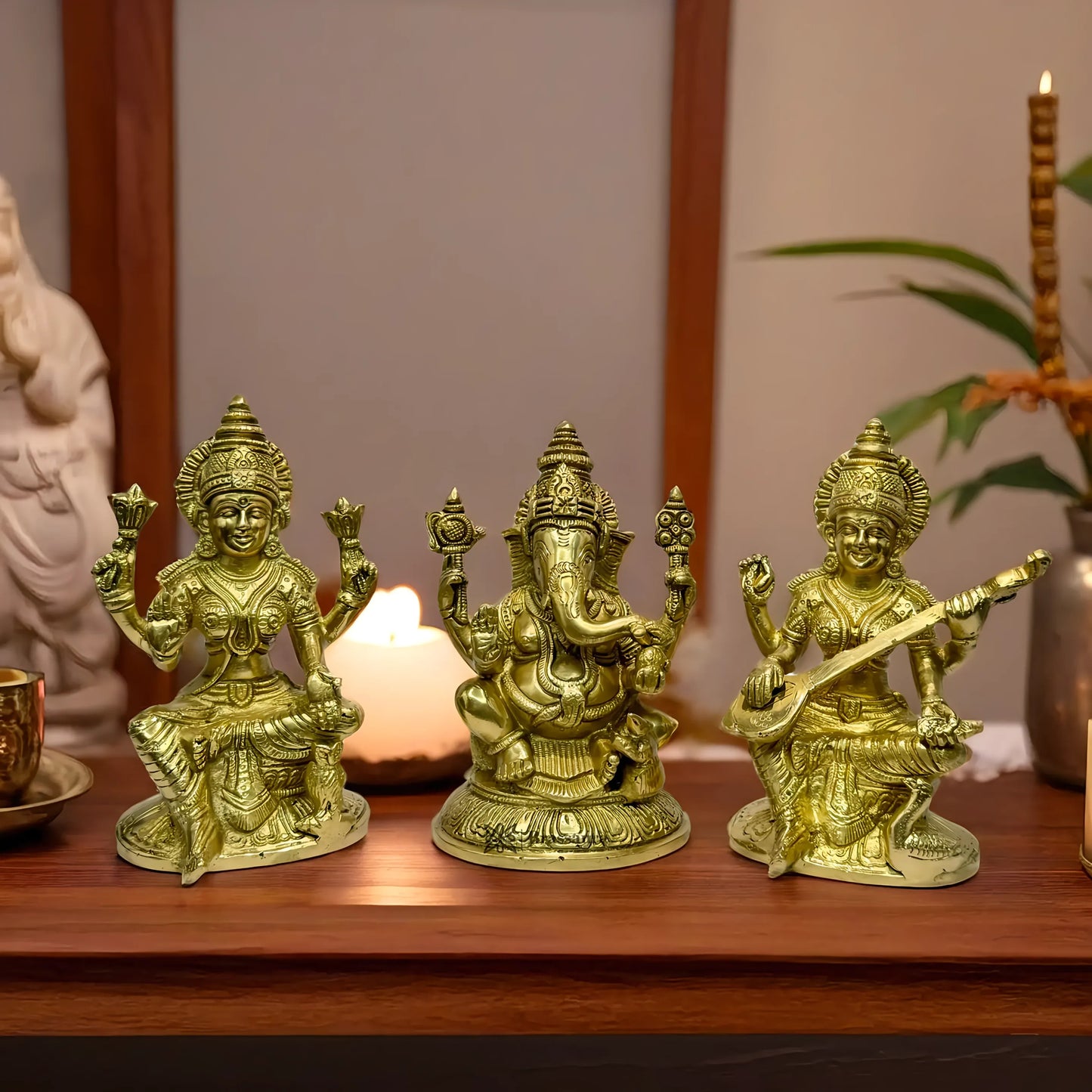 Brassaura™ Brass Laxmi Ganesha Saraswati Idol – Height 7.2 Inches & Weight 4.8 Kgs | Hindu Devotional Idol