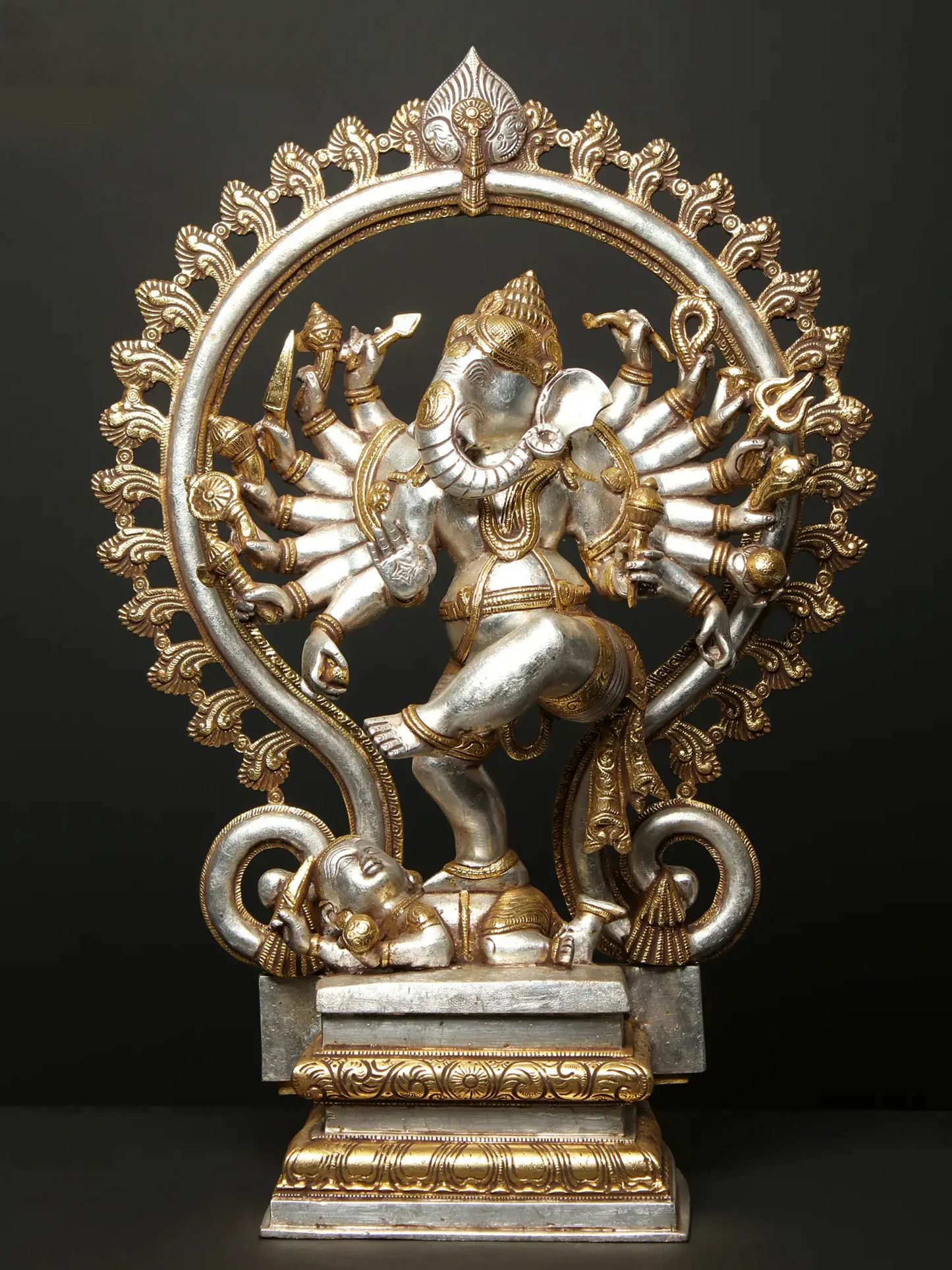 Brassaura® Sixteen Armed Dancing Lord Ganesha | Pure Brass Gold & Silver Finish | Height 26 Inches & Weight 23.30 kgs