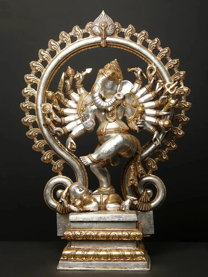 Brassaura® Sixteen Armed Dancing Lord Ganesha | Pure Brass Gold & Silver Finish | Height 26 Inches & Weight 23.30 kgs