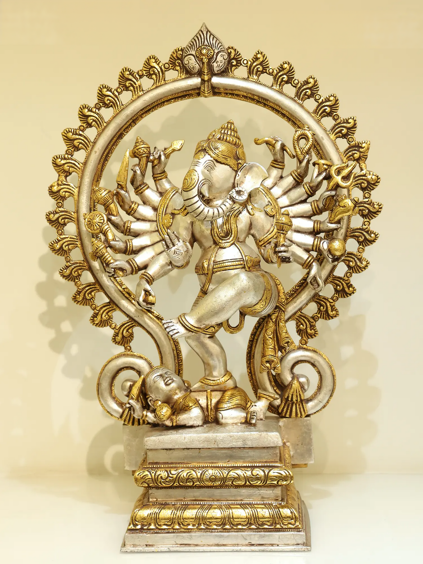 Brassaura® Sixteen Armed Dancing Lord Ganesha | Pure Brass Gold & Silver Finish | Height 26 Inches & Weight 23.30 kgs