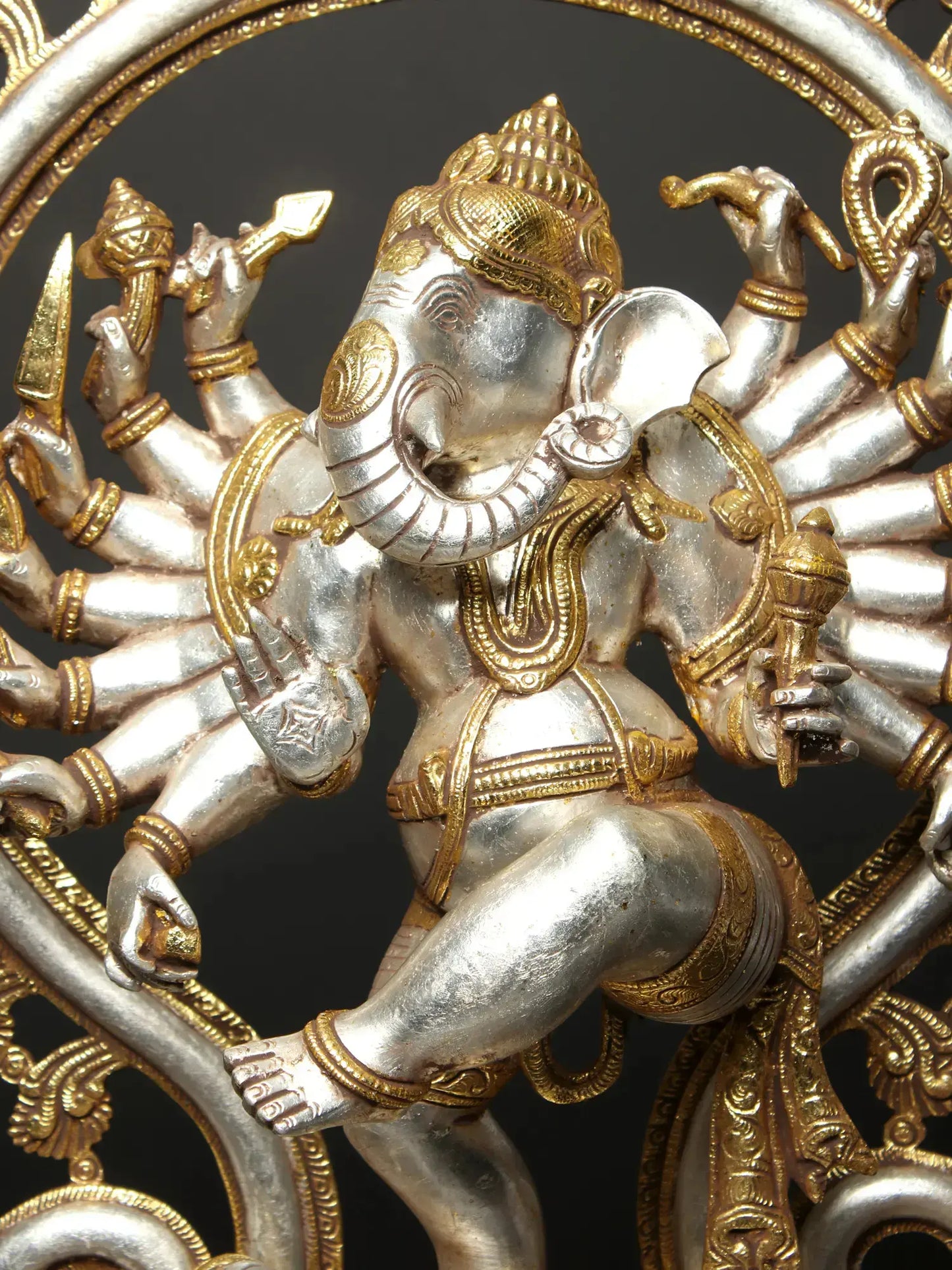 Brassaura® Sixteen Armed Dancing Lord Ganesha | Pure Brass Gold & Silver Finish | Height 26 Inches & Weight 23.30 kgs