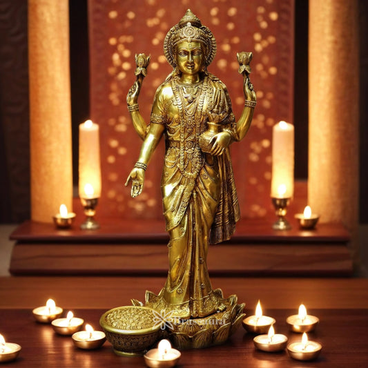 Brassaura™ Artistic Brass Standing Laxmi Idol – Height 25 Inches & Weight 17.2 Kgs | Home & Puja Décor