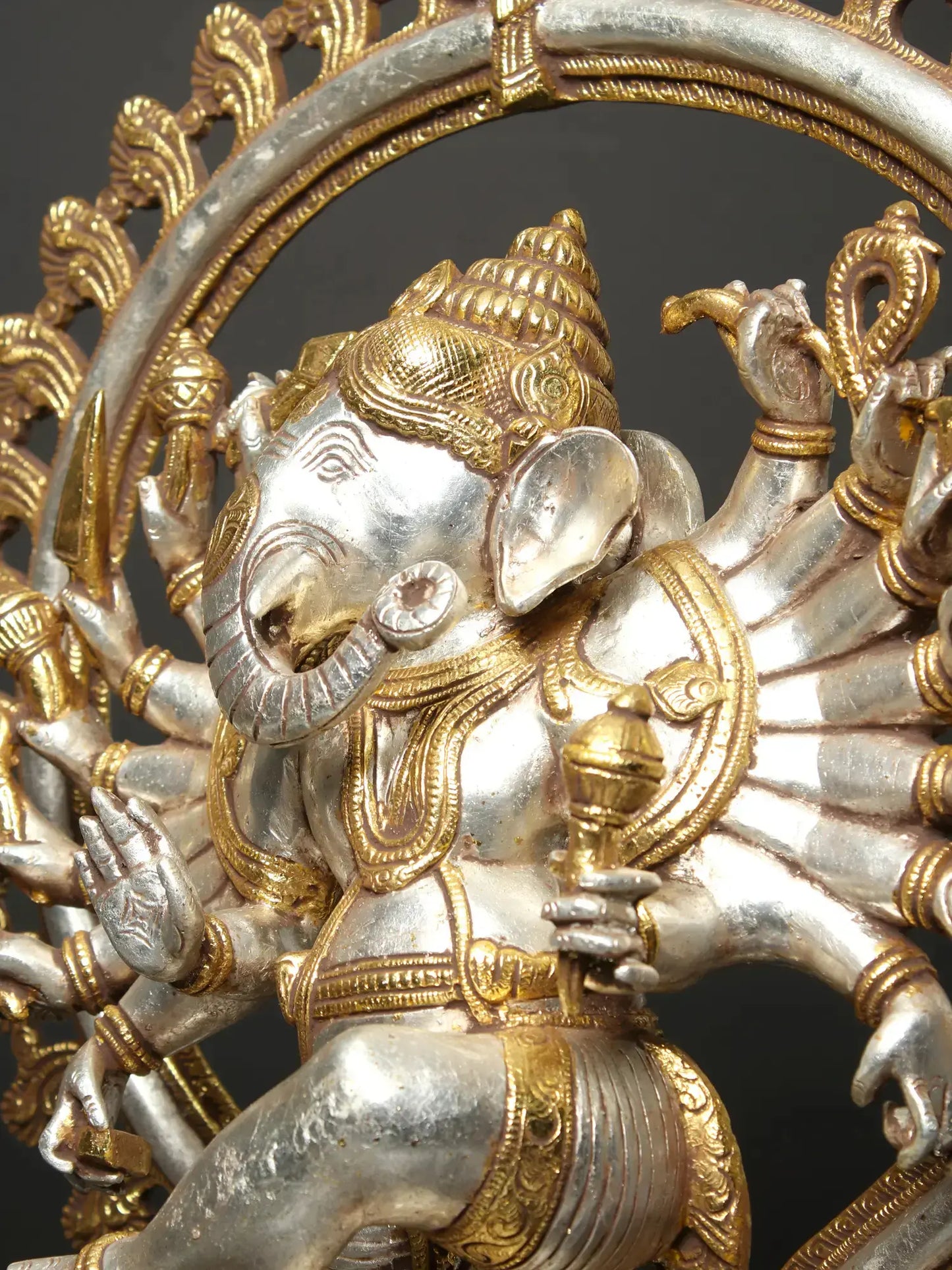 Brassaura® Sixteen Armed Dancing Lord Ganesha | Pure Brass Gold & Silver Finish | Height 26 Inches & Weight 23.30 kgs