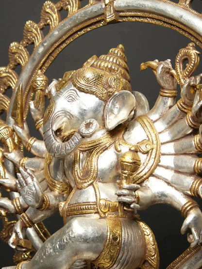 Brassaura® Sixteen Armed Dancing Lord Ganesha | Pure Brass Gold & Silver Finish | Height 26 Inches & Weight 23.30 kgs