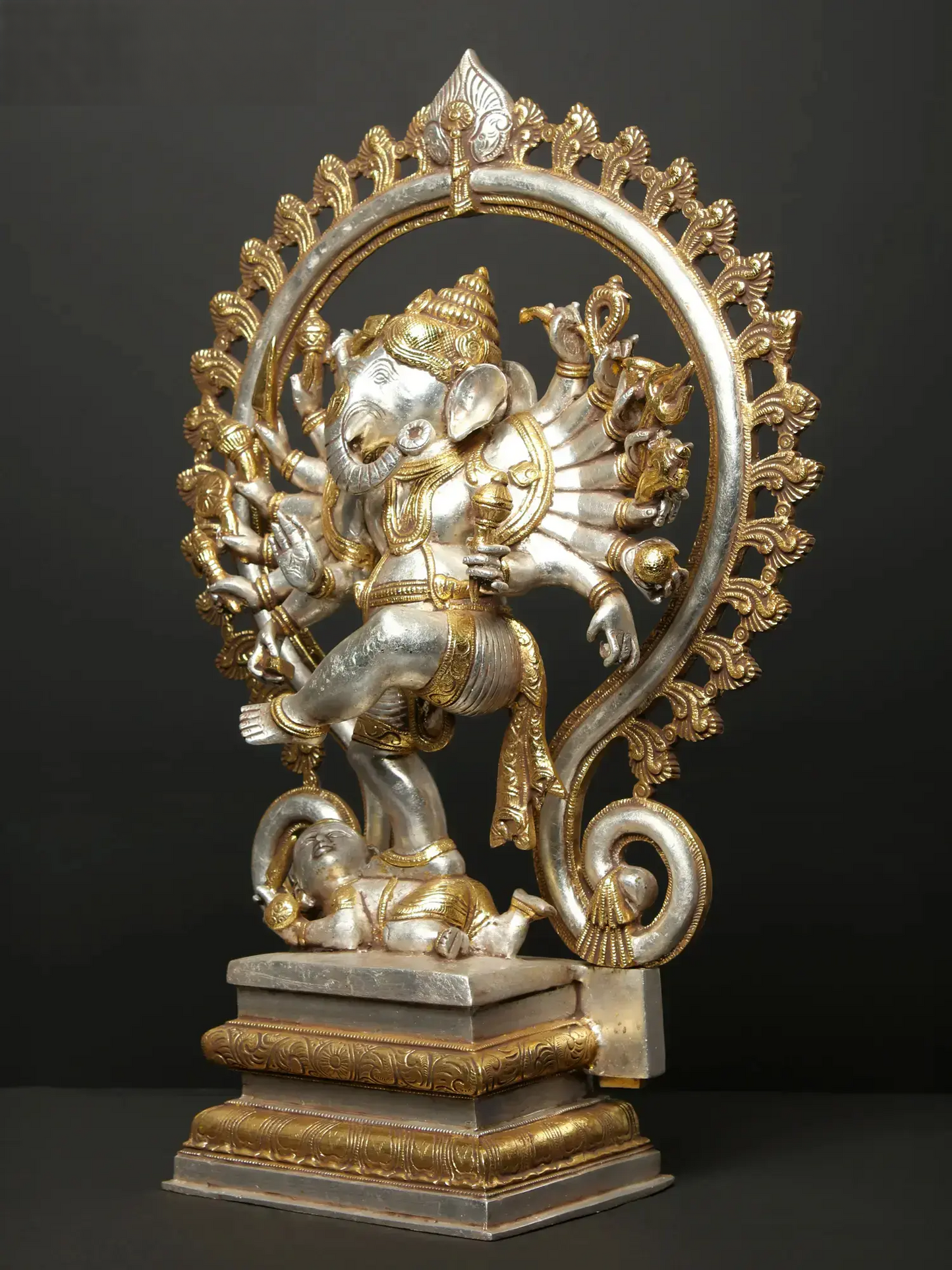 Brassaura® Sixteen Armed Dancing Lord Ganesha | Pure Brass Gold & Silver Finish | Height 26 Inches & Weight 23.30 kgs
