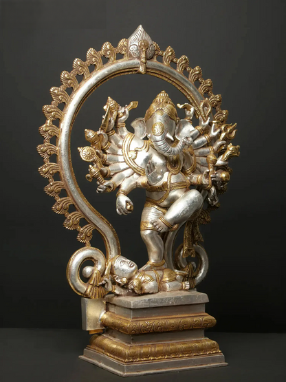 Brassaura® Sixteen Armed Dancing Lord Ganesha | Pure Brass Gold & Silver Finish | Height 26 Inches & Weight 23.30 kgs
