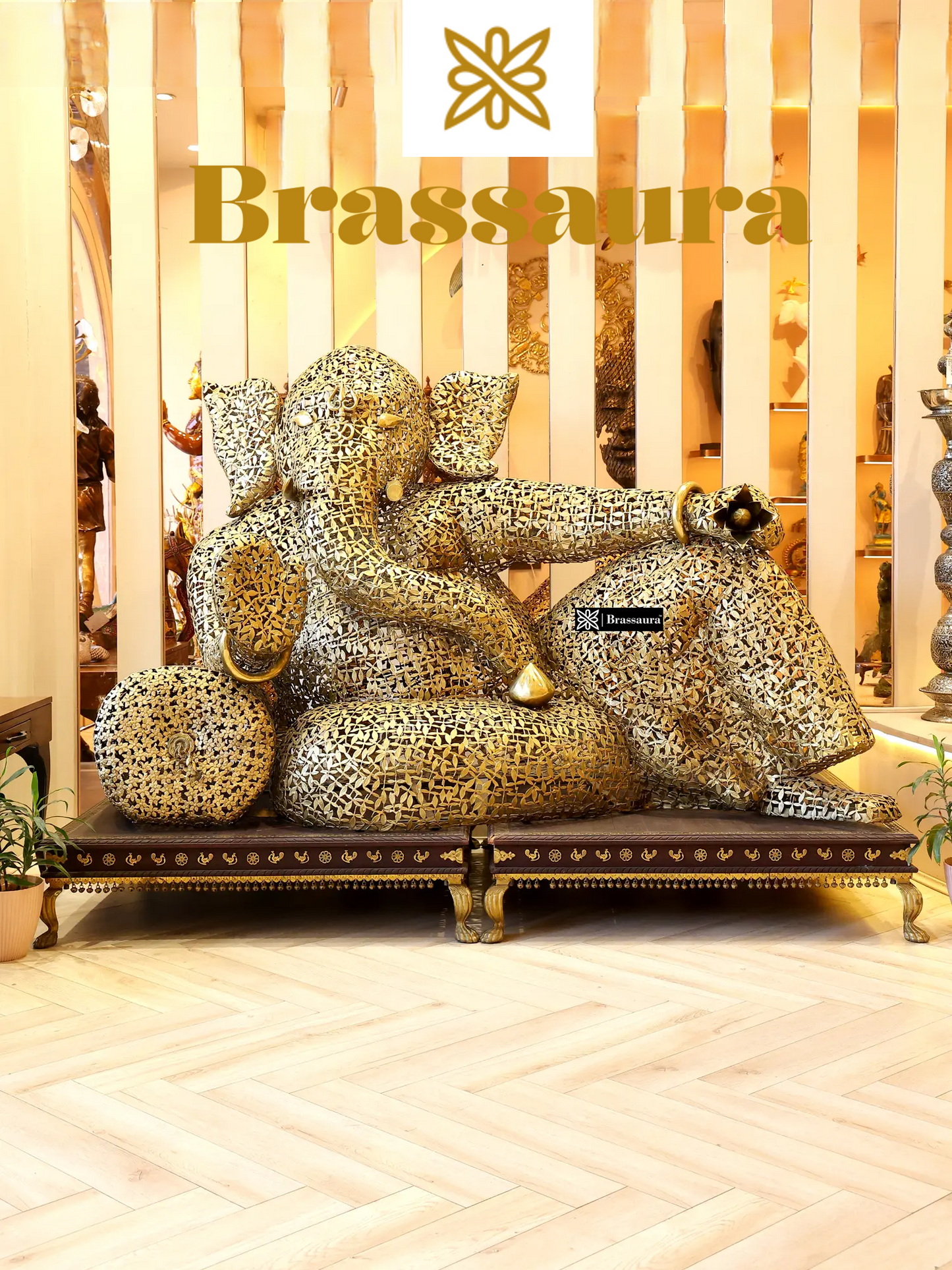 Brassaura® Super Large Relaxing Lord Ganesha | Intricate Brass Leaves Artwork | Height 45.08 Inches & Weight 67 kgs