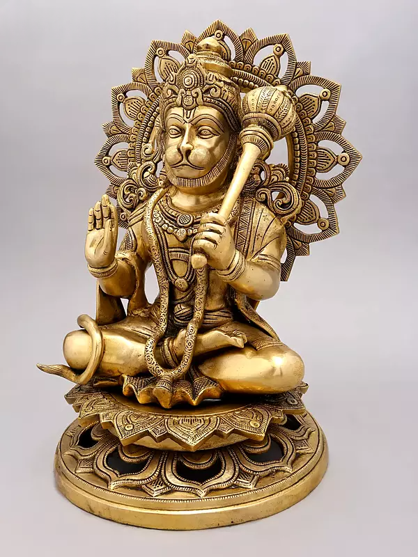 Brassaura® Hanuman Seated Blessing Pose Idol with Natural Brass Finish | Pure Superfine Brass Handcrafted Murti | Brass Statue for Home Temple, Pooja Room | Height 18 Inches | Weight 17 Kgs