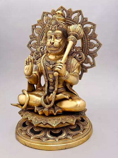Brassaura® Hanuman Seated Blessing Pose Idol with Natural Brass Finish | Pure Superfine Brass Handcrafted Murti | Brass Statue for Home Temple, Pooja Room | Height 18 Inches | Weight 17 Kgs