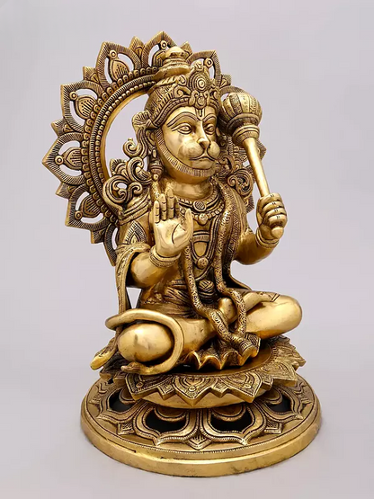 Brassaura® Hanuman Seated Blessing Pose Idol with Natural Brass Finish | Pure Superfine Brass Handcrafted Murti | Brass Statue for Home Temple, Pooja Room | Height 18 Inches | Weight 17 Kgs