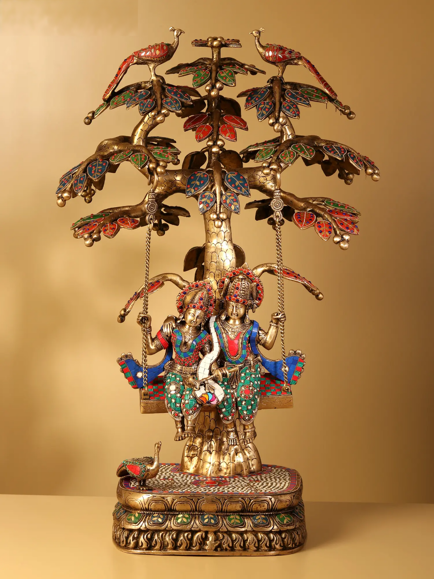 Brassaura® Radha Krishna Jhula Under Kadamba Tree | Brass with Inlay Work | Height 36 Inches & Weight 38 kgs