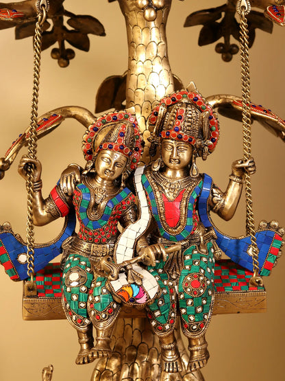 Brassaura® Radha Krishna Jhula Under Kadamba Tree | Brass with Inlay Work | Height 36 Inches & Weight 38 kgs