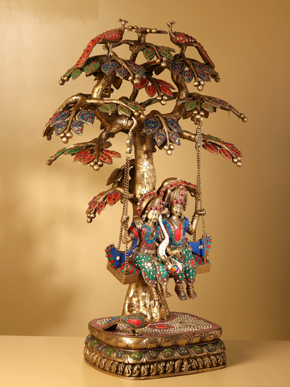Brassaura® Radha Krishna Jhula Under Kadamba Tree | Brass with Inlay Work | Height 36 Inches & Weight 38 kgs